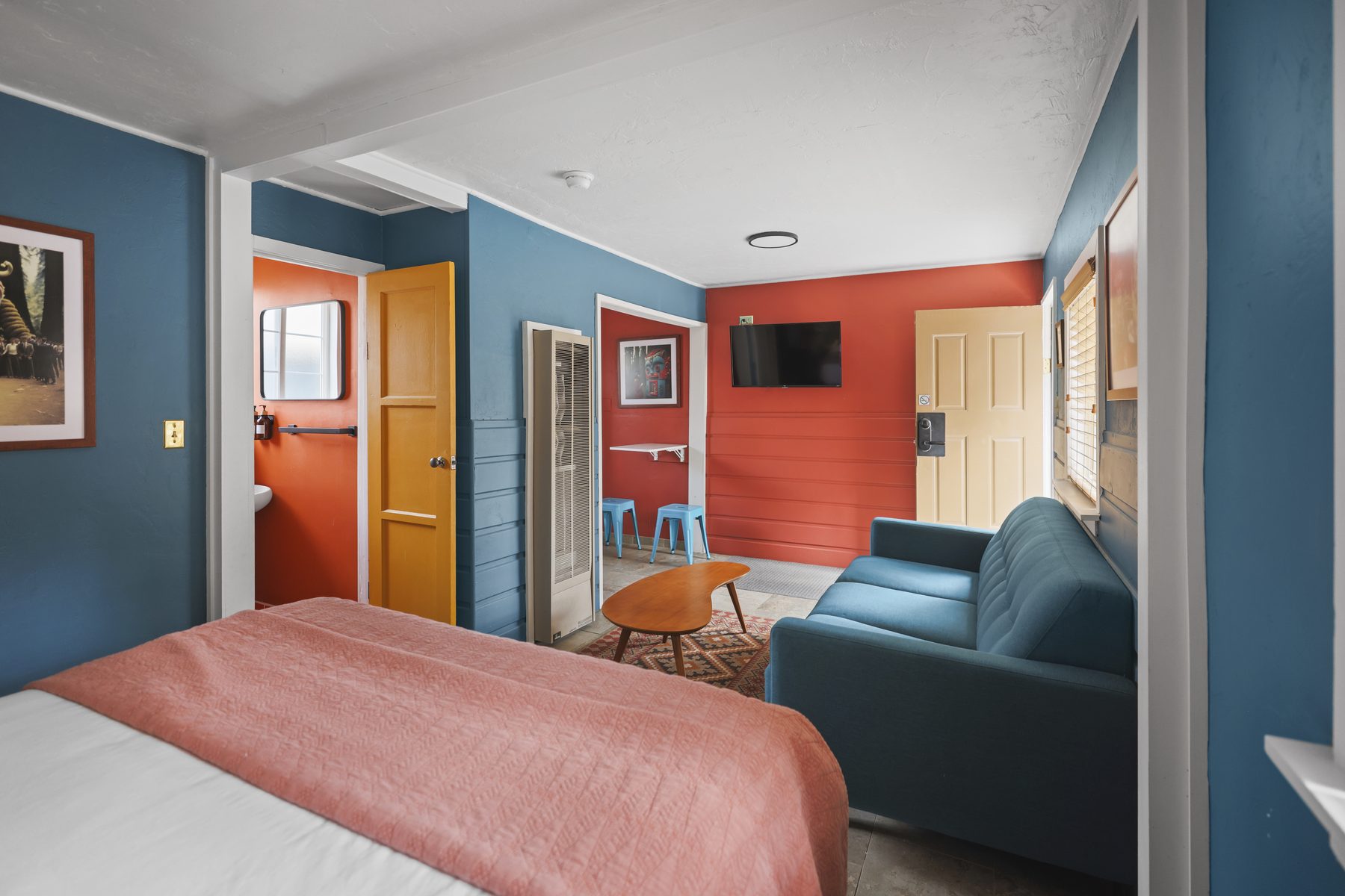 Chalet blue and orange bedroom